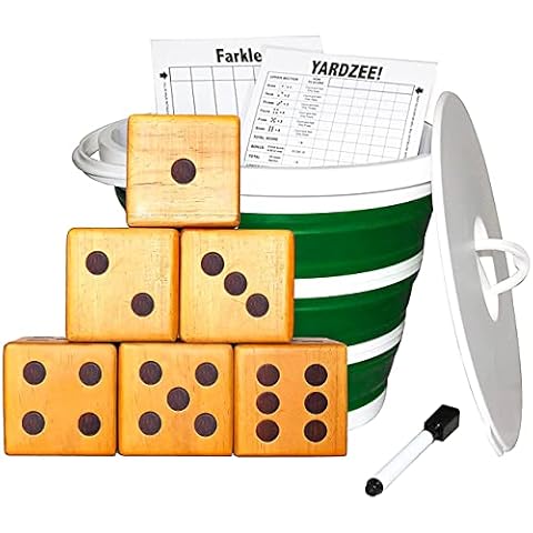 Jungle Gym Kingdom Yardzee & Yard Farkle Giant Wooden 6 Dice Set for Outdoor Fun Lawn Games Picnic Barbeque Party Tailgaiting & Special Events with Collapsible Bucket & Lid Scorecards & Markers Cover