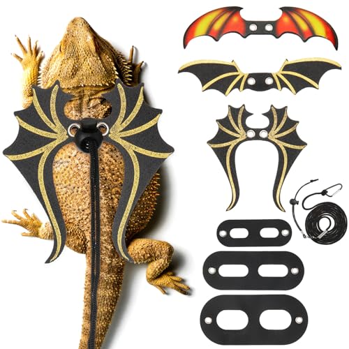 Wesnoy Bearded Dragon Leash and Harness Set 3 Size Pack Adjustable Cool Leather Lizard Leash with Dinosaur Wings for Reptile Safety Walking Accessories, Black