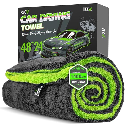 KKV Full-Sized SUV Drying Towel, 48”x24” Dual Sided Microfiber Car Cleaning Towel with Twisting Yarn Technique, 1400GSM Super Absorbent, Scratch-Free, Machine Washable (Darkgray-GreenYellow)