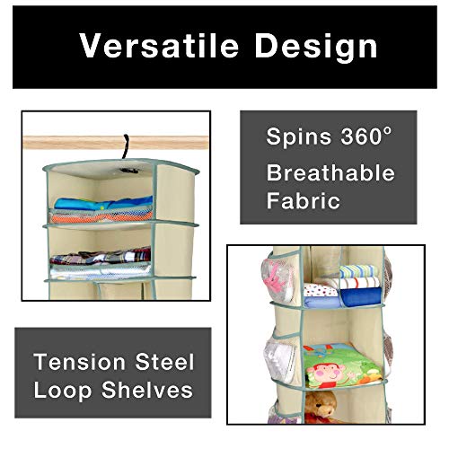 Smart Design 6-Tier Smart Carousel Organizer w/ 6 Pockets, Steel Metal Hook, & Foldable Drawer - 360 Degree Swivel - Clothing, Accessories, & Misc. Item Storage Organization (11 x 53.5 Inch) [Beige] - Thumbnail 6