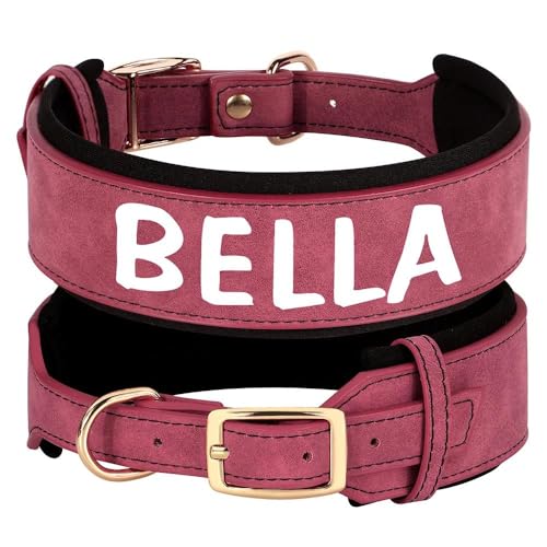 Breites Leder-Hundehalsband mit individueller Gravur, personalisierbar, für Ausweis, Name, Telefonnummer, gepolstertes Haustierhalsband für Französische Bulldogge, Labrador, Deutscher Schäferhund,