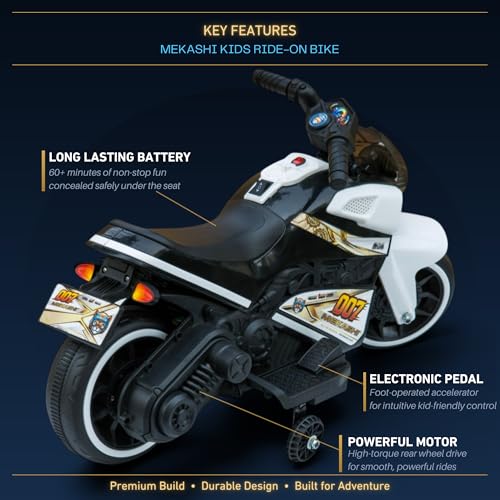 Image of MEKASHI 6V Electric Ride-On Bike for Kids with Bluetooth Music (White) | Realistic styling with LED headlight, rechargeable battery & smooth ride performance for toddlers aged 1-4 years
