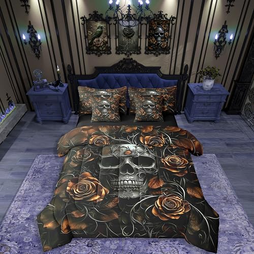 Erosebridal Sugar Skull 7 Pcs Comforter Set Twin,Orange Rose Floral Bedding Set for Kids Boys Girls...