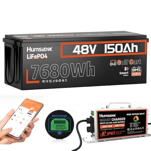 HumsiENK 48V 150Ah LiFePO4 Golf Cart Lithium Battery Bluetooth with 48V 15A Charger, 7680Wh Golf Cart Deep Cycle Battery, Built-in 200A BMS with Low-Temp Protection, Trolling Motors etc