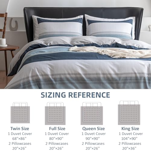 Image of EAVD Cotton Duvet Cover Full Size White Grey Blue Striped Bedding Set with 2 Pillowcases Modern Geometric Striped Duvet Cover with Zipper Closure