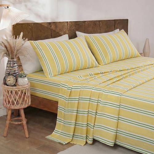 Image of Merryword 100% Cotton Sheet Set Queen Size, Yellow & Green Stripes Bedding, Soft Breathable Percale Weave, Modern Minimalist, Luxury Linen Like, Deep Pocket Fitted Sheet 17.5 inch