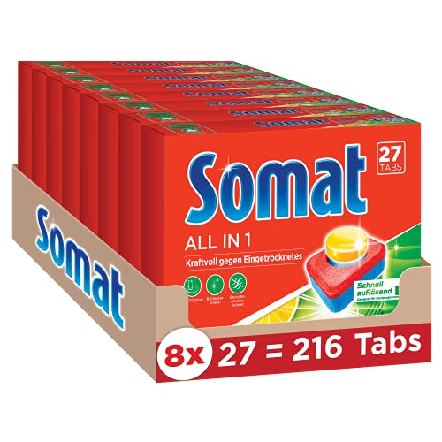 Somat 7 All in 1 Zitrone & Limette Multi Aktiv, Spülmaschinen-Tabs, Jahresvorrat, 216 (8 x 27) Tabs, kraftvolle Reinigung mit...