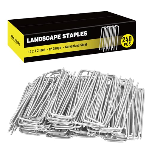 HongWay 240 Pack 4 Inch Landscape Staples Garden Staples 12 Gauge Galvanized Ground Stakes Lawn Yard Staples SOD U-Shaped Pins for Landscaping Fabric Irrigation Tubing Hose