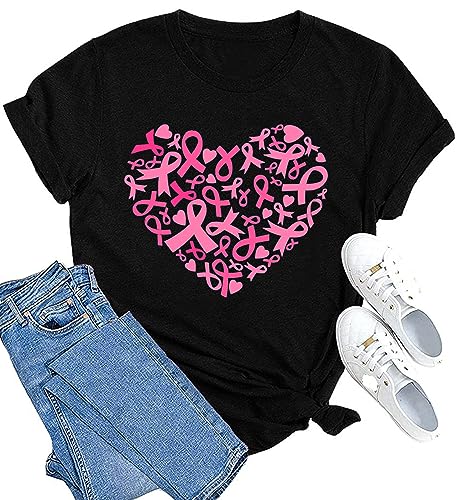 MAIHUN Womens Breast Cancer Shirts Heart Pink Ribbon Tshirt Cancer Awareness Tee Tops