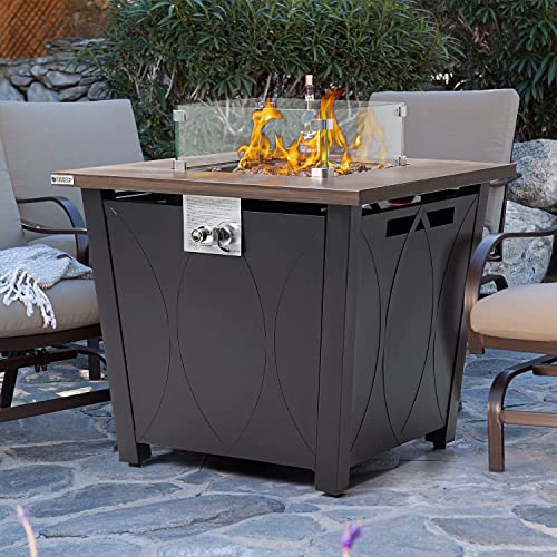 Essential Lounger 28in Propane Fire Pit Table,50000 BTU Fire Pit Tables for Outside Patio,Gas Fire Pit with Lid and Glass Cover,Used for Outside Garden Backyard Deck Patio,Black
