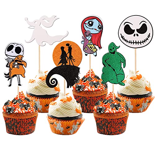 24 PCS Jack Skellington Halloween Cupcake Toppers Glitter Skull Ghost Jack and Sally Cupcake Picks for Nightmare Before Christmas Theme Wedding Anniversary Birthday Party Cake Decorations Supplies