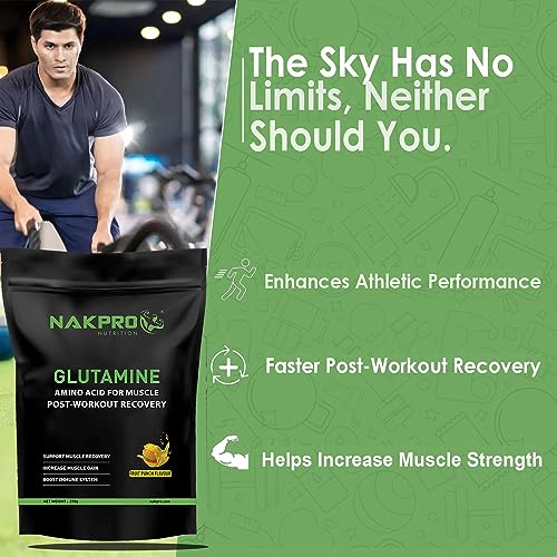 Image of Nakpro L-Glutamine Powder | 4g Glutamine Per Serving, 50 Servings | Post Workout Amino Acid Supplement for Muscle Growth and Recovery (Fruit Punch, 250g)