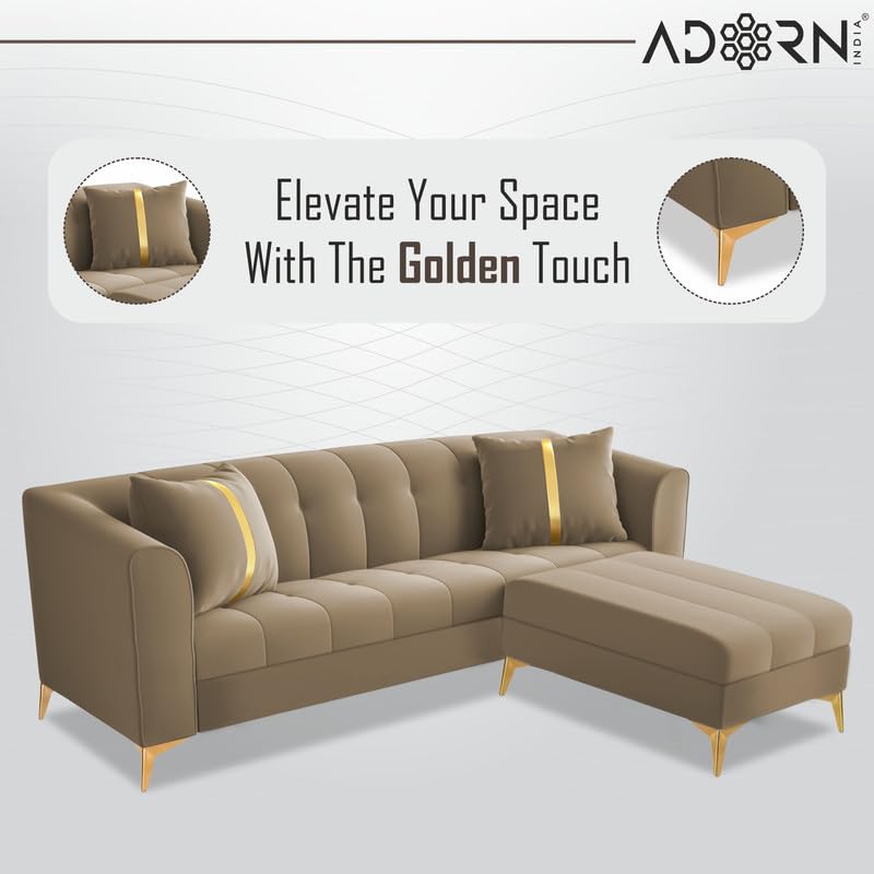 Image of Adorn India Premium Mystic - 3 Years Warranty - L Shape 4 Seater Sofa Set Velvet Suede Fabric - Beige