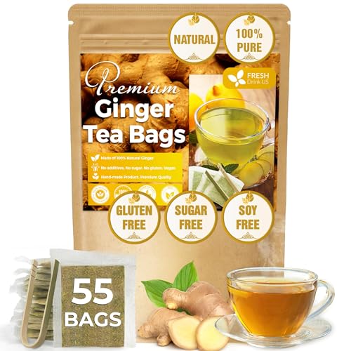 Image of FRESHDRINKUS 55 Ginger Tea Bags, 100% Natural & Pure Herbal Tea, No Sugar, No Caffeine, No Gluten, Vegan