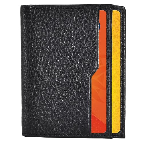 Leather Bi fold RFID Wallet Men (Black), Slim Card Holder, 6 Cards Slots Quick Acces Card Holder with Cash Compartment, Fits Front Pocket