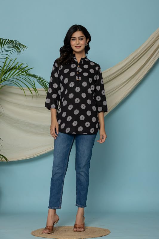 Image of Women's Cotton Printed Kurta Top | 3 /4 Sleeve Straight Kurti Casual Outings
