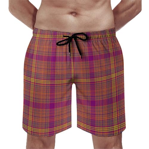 Hawaiian Shorts for Men - Comfy Retro Burgundy Plaid Print Mens Swim Trunks Bathing Suits with Mesh Lining