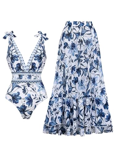 FLAXMAKER Blue and White V Neck Lace Up Strip Plant Prints One Piece Swimsuit and Skirt/Sarong