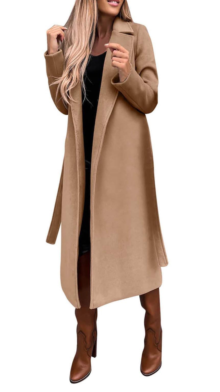 utcoco Womens Long Wool Pea Coats Notched Collar Open Front Woolen Blend Trench Coat with Belt