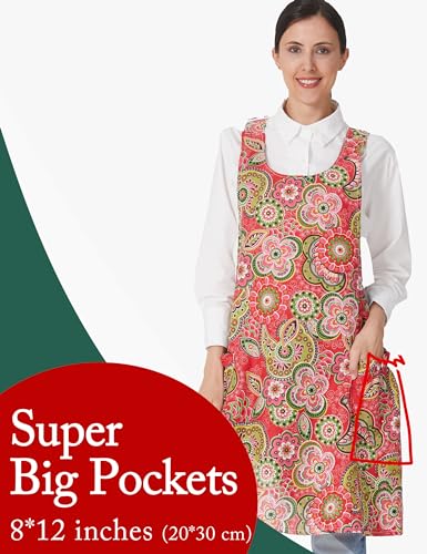 Image of Cozy Adjustable Cross Back Aprons for Women with Pockets Cotton Linen Cooking Kitchen Baking