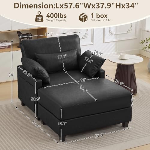 Image of 58 inch Oversized Faux Leather Chaise Lounge Chair Indoor, Mid Century Modern Accent Chair with Ottoman, Deep Seat Comfy Reading Chair with Side Pocket, Single Sofa Armchair for Living Room Bedroom,Black