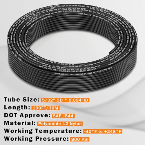 Image of CheeMuii 100 FT 5 /32 inch DOT Air Line Air Hose 4mm OD PA12 Nylon Pneumatic Tubing 30.5 Meter 5 /32 Inch OD SAE J844 Air Tubing Pipe Hose Line for Semi Truck Trailer or Industrial Air System