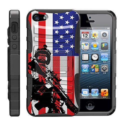 TurtleArmor | Compatible with Apple iPhone SE Case | iPhone 5/5s Case [Hyper Shock] Rugged Hybrid Hard Shell Kickstand Fitted Holster Clip Military War Robot Android - American Soldier