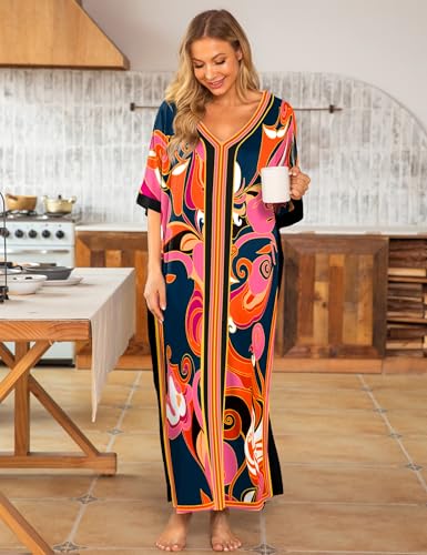 Image of Bloggerlove Women Nightgowns Cotton Caftan House Dress Short Sleeve Sleepwear Vacation Beach Moo Moos Dress with Pockets