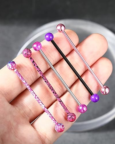 Jewseen 5PCS Pink Purple Acrylic Balls Industrial Barbell Splatter 316L Stainless Steel Bar Industrial Rings Piercing Body Jewelry2