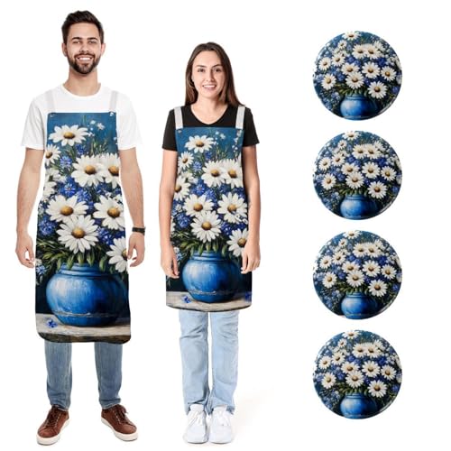 Tablier de cuisine motif marguerites bleues et blanches lot de 2 ajustable