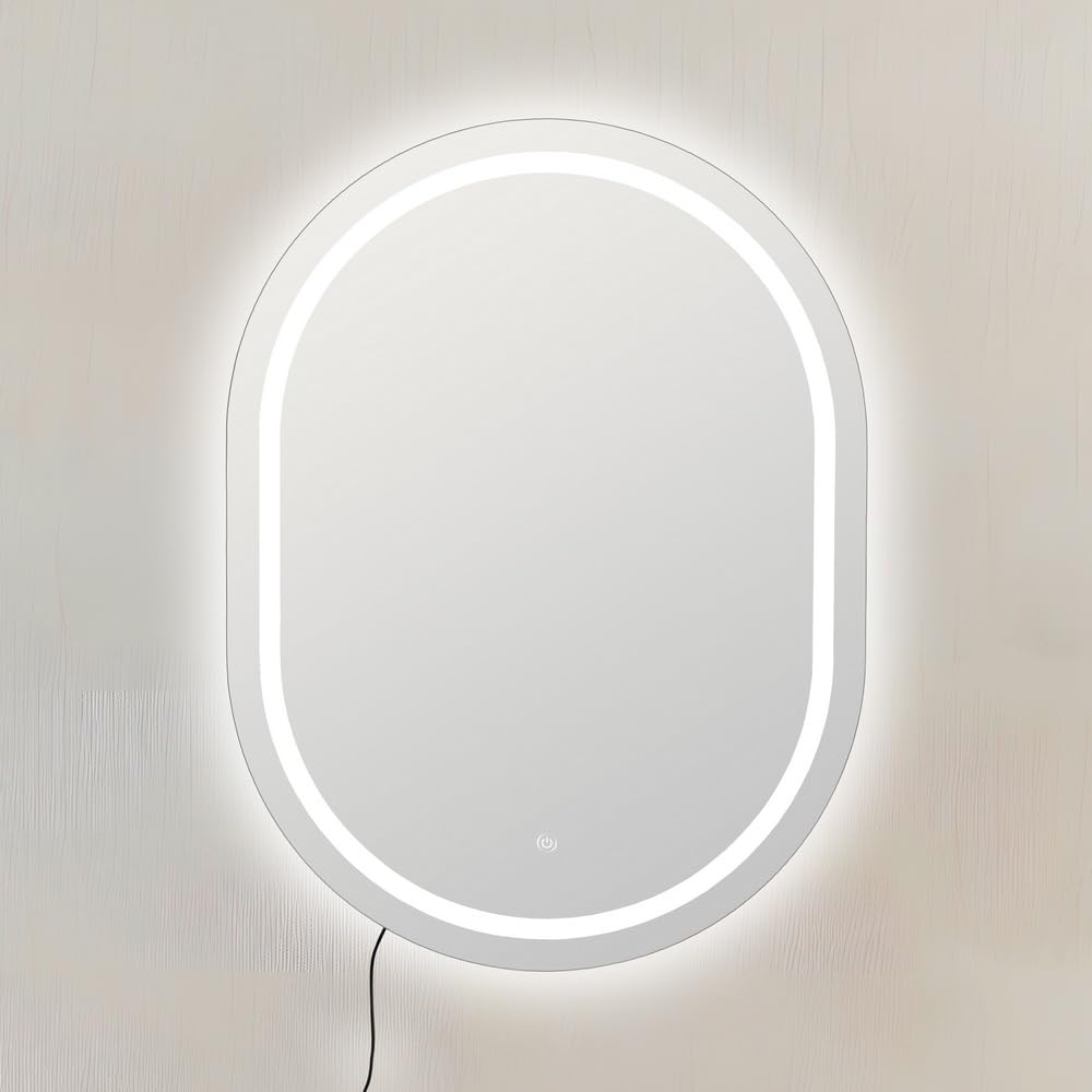 LOLAhome Espejo de Pared con Luz Led Blanca de 4500 Kelvin con Botón Táctil y Enchufe Europeo Ovalado de 80x60 cm con Marco Plateado