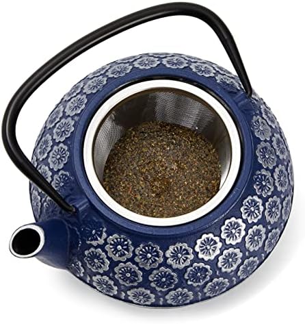 Blue Cast Iron Teapot for Two with Removable Stainless Steel Infuser, Japanese Tetsubin Style, 1000ml