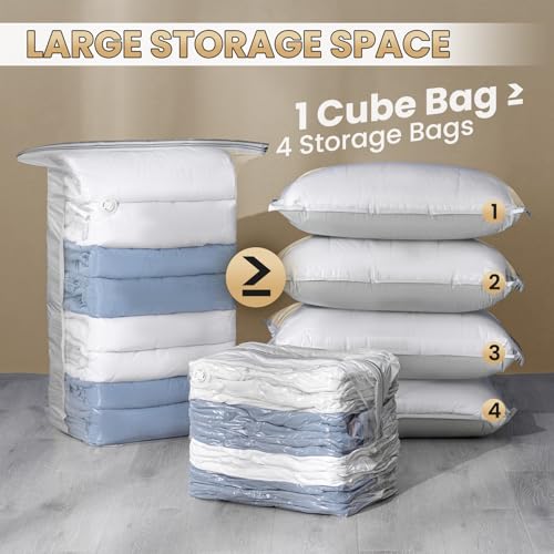 Image of TAILI 6 Pack Vacuum Storage Bags, Cube Combo (3 Jumbo+3 Medium), Cream | Vacuum Seal Bags for Clothing, Bedding, Comforters, Blankets, Space Saver No Pump Compression Cube, 2 Size