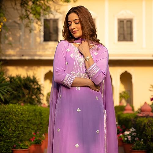 Image of GoSriKi Women's Cotton Blend Straight Embroidered Kurta with Pant & Dupatta