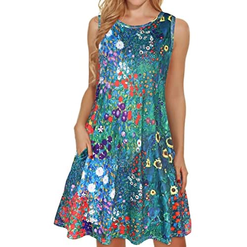 elescat Women's Summer Dresses 2026 Beach Casual Sleeveless Floral Print Tank Loose Sundress with Pocket Small A Garden Blue Floral