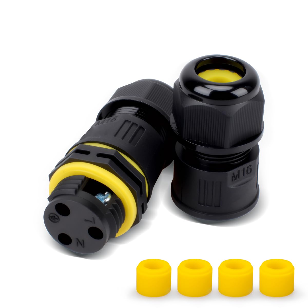 Innfeeltech 1 Pcs Waterproof Junction Box Outdoor Cable Connector, M16 Cable Coupler Screw Crimping, 3 Pole for 3 to 6.5mm Cable, with 4 Pcs Replaceable Wire Clamp Rubber Plug
