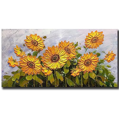 Yotree Paintings - Sunflower Wall Art 3D Texture Painting on Canvas Prints Wall Decor for Living Room Bedroom Office Home Decor Ready to Hang 24x48 inches