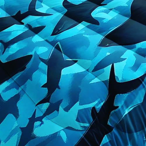 Image of AILONEN Blue Shark Queen Comforter Set, Ocean Camouflage Artwork Home Ensemble, 3 Piece Microfiber Down Alternative Fill for Couples Family Guests