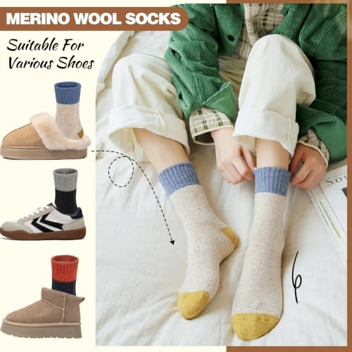 Image of EBMORE 5 Pairs Women Merino Wool Boot Socks Warm Thermal Winter Thick Hiking Cozy Cabin Crew Comfy Socks for Ladies