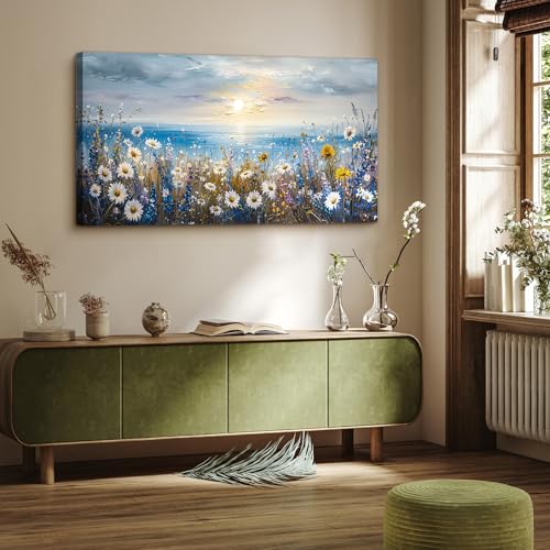 crmotu Coastal Beach Scenery Wall Art, Daisy Wildflower Large Botanical Prints, Seaside Sunset Landscape Canvas Painting, Floral Modern Wall Decor Living Room Bedroom Home Office Artwork 24X48 In
