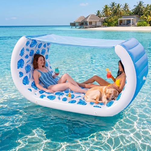 Image of Giant Inflatable Pool Float with Shade, 157 inch x 36 inch Extra Large Floating Couch Island Cabana Luxury Lounger with Canopy, Cup Holders, Backrest, Handle, Electric Air Pump for 2 Adults, Tropical Print