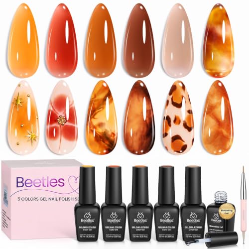 Beetles Fall Gel Polish Set – Amber Chic Jelly Gel Polish with Blooming Gel | 6 Colors Yellow Pumpkin Orange Amber Brown tortoise shell nail art Soak Off UV LED Needed Gel Nails Gift for Women