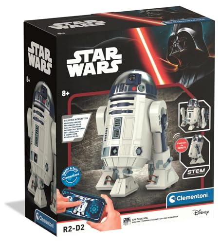 Clementoni Star Wars R2-D2 Robot Stem Montagem com 50 peças, luzes LED, ruídos originais, controlo por aplicação, codificação e motor de cabeça de 180° - 55634