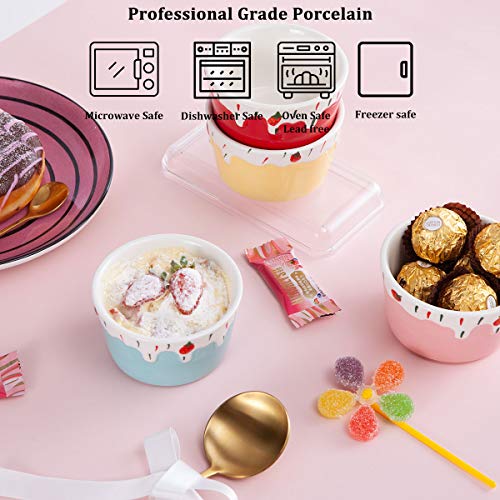 Ceramic Souffle Dishes Ramekins Dish Dessert Bowls, Jemirry 3.5 inch Ice Cream Strawberry Style Ramekins Bowls for Cupcake Pudding Creme Brulee Baking, Colorful-set of 4 - Thumbnail 4