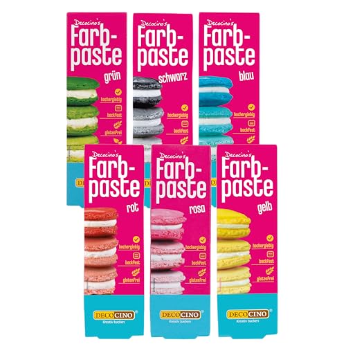 Decocino Farbpaste-Set 6er-Set – 6 x 20 g – Lebensmittelfarben in Rot, Rosa, Grün, Gelb, Blau und Schwarz, ideal zum Einfärben von Kuchen, Fondant und Cremes – AZO-Frei und Glutenfrei