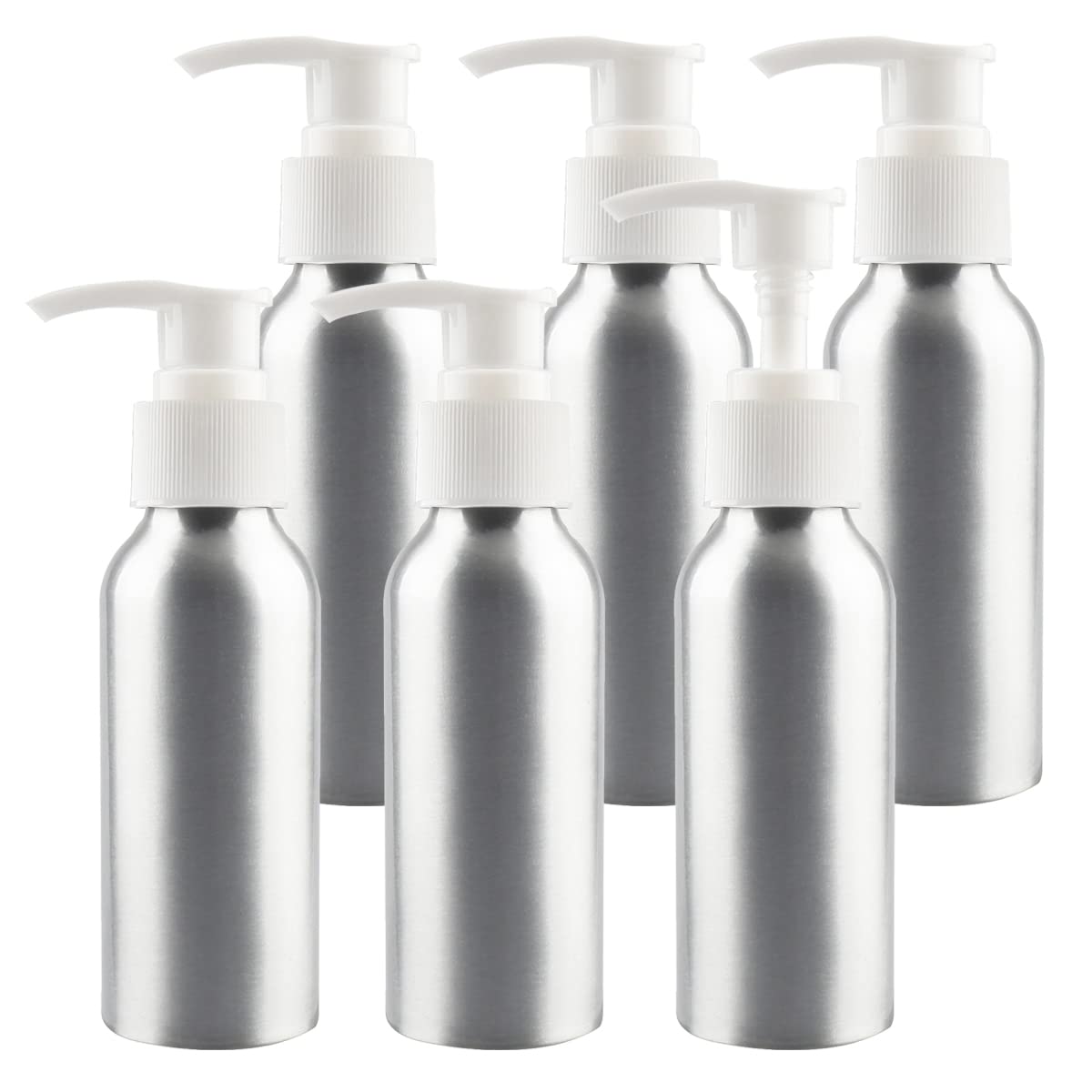 ZEOABSY 6 Pieces Empty 100ml Silver Aluminium Lotion Pump Bottle, Aluminum Bottles with White Pump Head, Travel Metal Bottles for Cosmetic Shampoo Body Washing Gel Essential Oil Liquid Dispenser