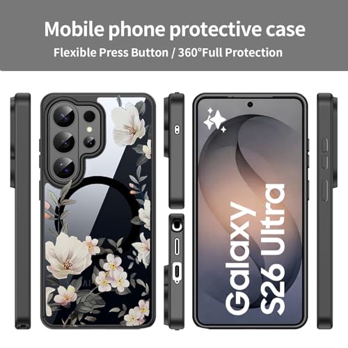 Image of VONZEE Compatible with Samsung Galaxy S26 Ultra 5G Case Luxury Retro Flowers Floral Clear for Magnetic Wireless Charging Case Shockproof PC+TPU Cute Glossy Shiny Cover for Girls Women, Black