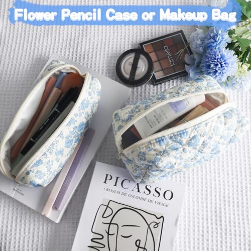 ZLFSRQ 2Pcs Floral Makeup Bag Cute Quilted Makeup Bag Preppy Pencil Pouch Small Cosmetic Bags Aesthetic Travel Toiletry Bags Preppy Pen Pouches Makeup Pouch for Purse Zipper Skincare Storage Organizer2