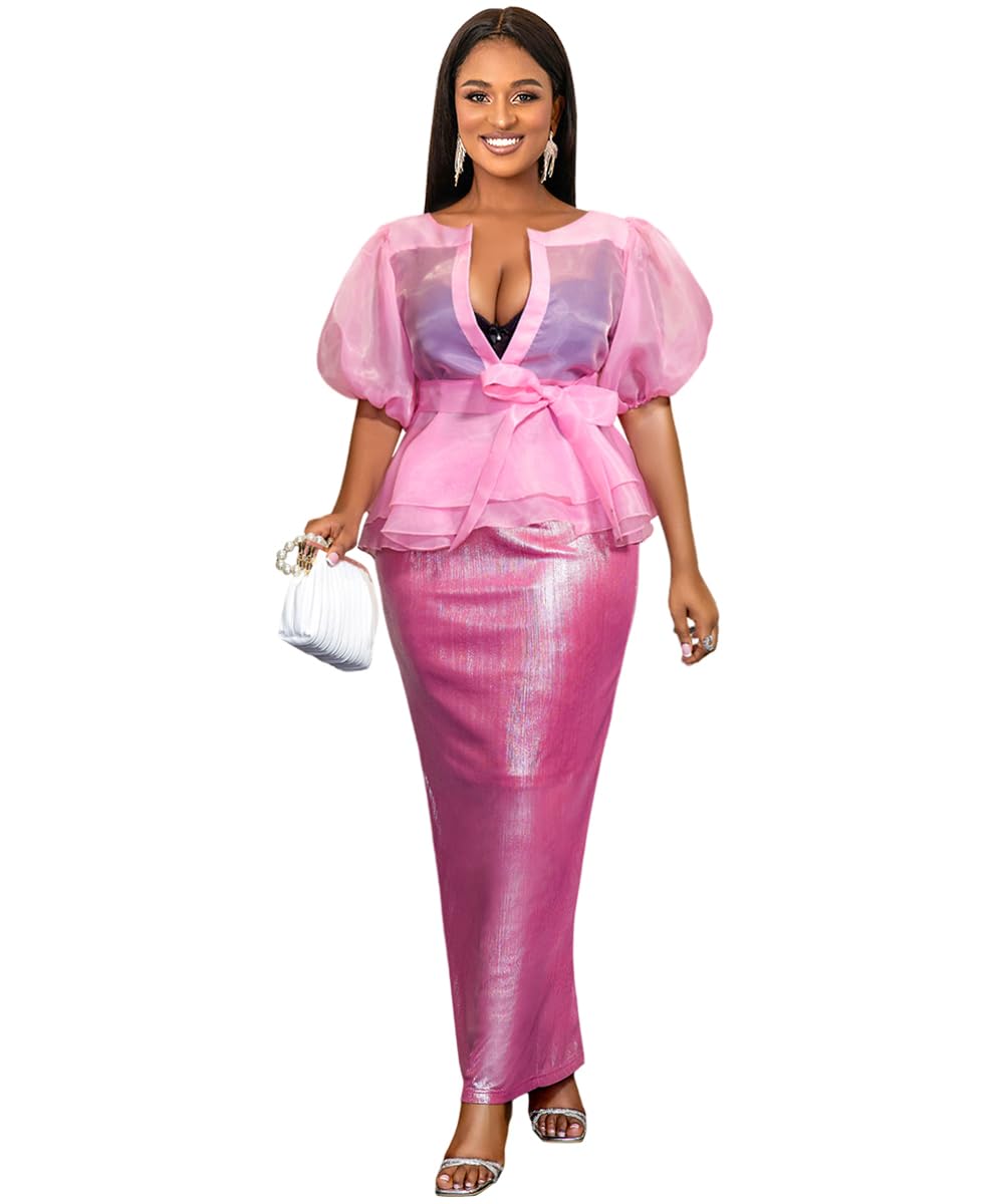AOMEI Womens Sweet Peplum Suit Set 2 Piece Outfits Deep V Neck Sheer Mesh Tops Maxi Bodycon Skirt