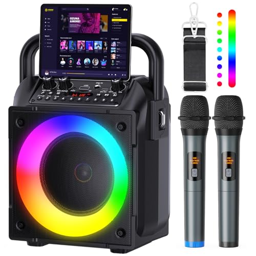 Karaoke Machine with Two Wireless Microphones Adults&Kids Portable Karaoke Machine Bluetooth Speaker with PA System LED Lights Supports TF Card/USB AUX in FM USB TWS REC for Party Gift(Black)